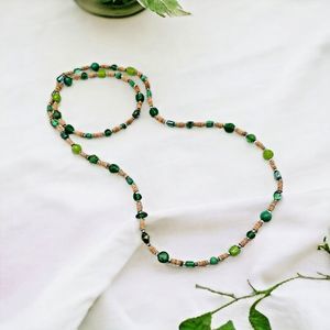 Bohemian Chic Necklace Beaded Shades of Green Glass Wood Station Silver Accents